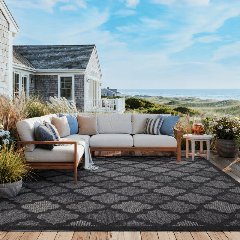 Adianey Red Barrel Studio Easy Care Trellis Charcoal/Black Indoor/Outdoor Area Rug, Rectangle 7' x 10'