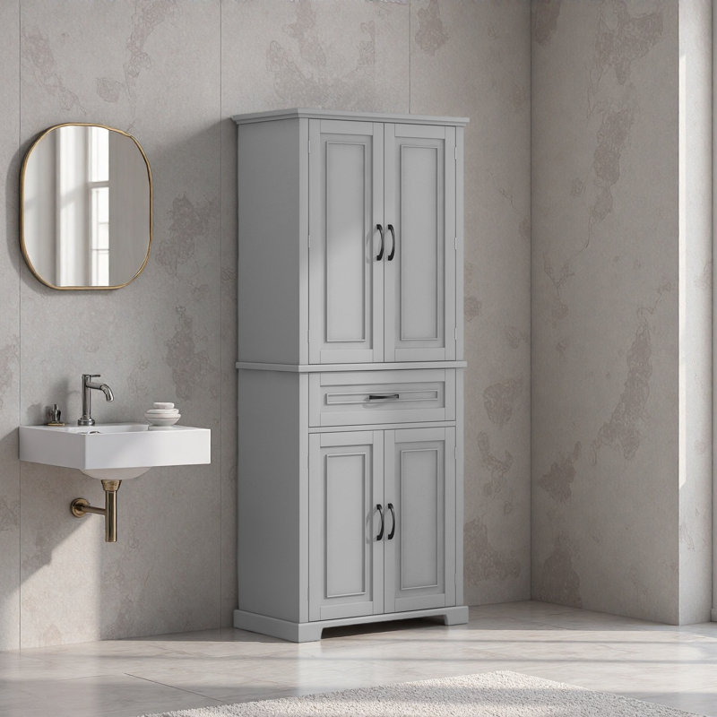 Armoire de rangement de salle de bain avec portes et tiroir, plusieurs espaces de rangement, tablette réglable, Gris