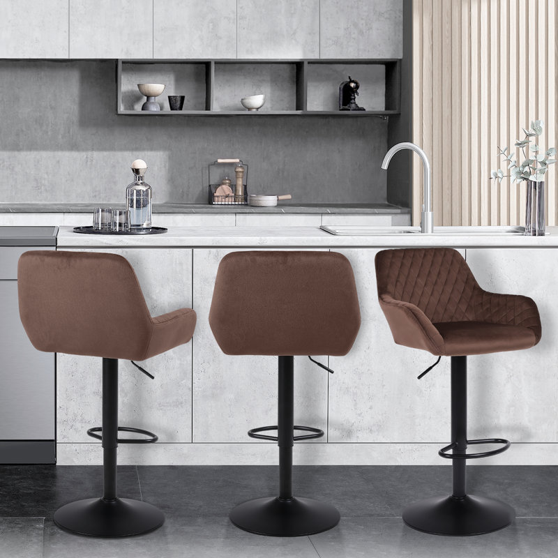 Swivel Upholstered and Velvet Adjustable Height Bar Stool, Brown