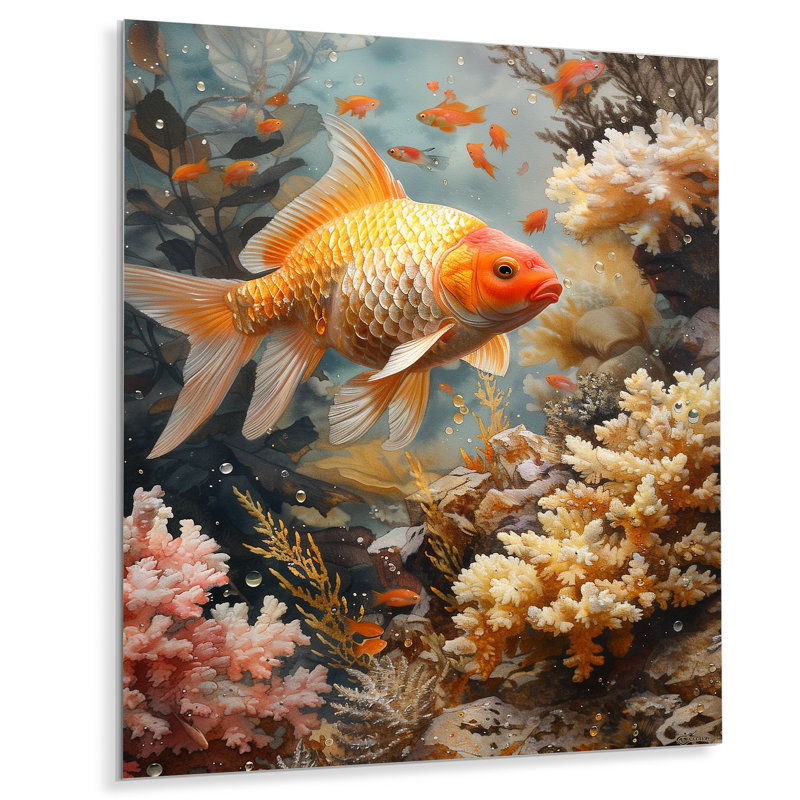 Orange, corail, poisson blanc, merveille - aquariums, art mural, Sans cadre, métal, H 16 po x l 32 po