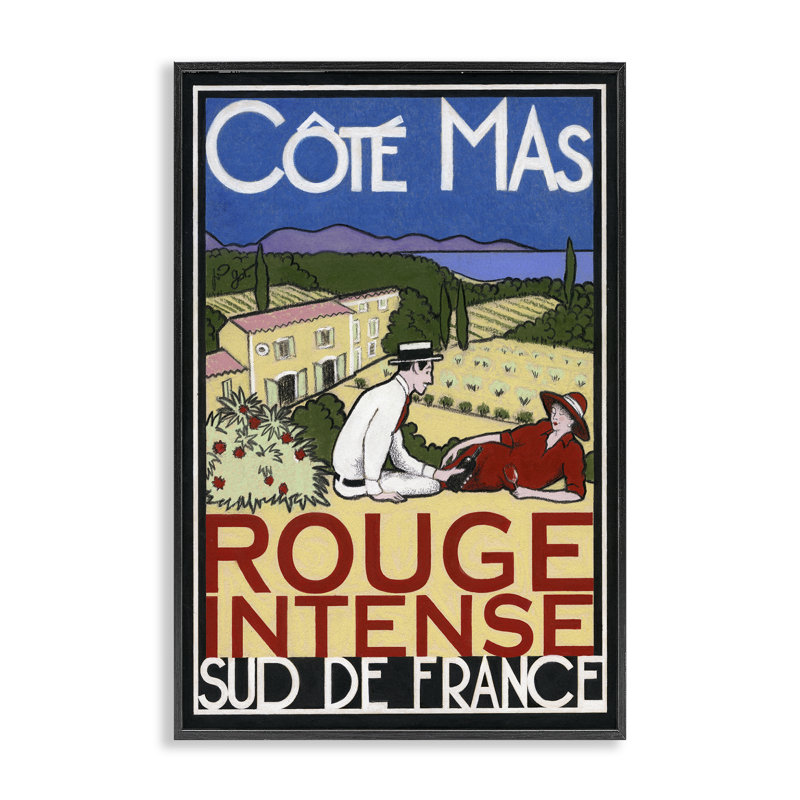 Affiche antique de vin rouge encadrée, art par Jean-Pierre Got, H 18 po x l 12 po, Giclée encadrée noir minuit
