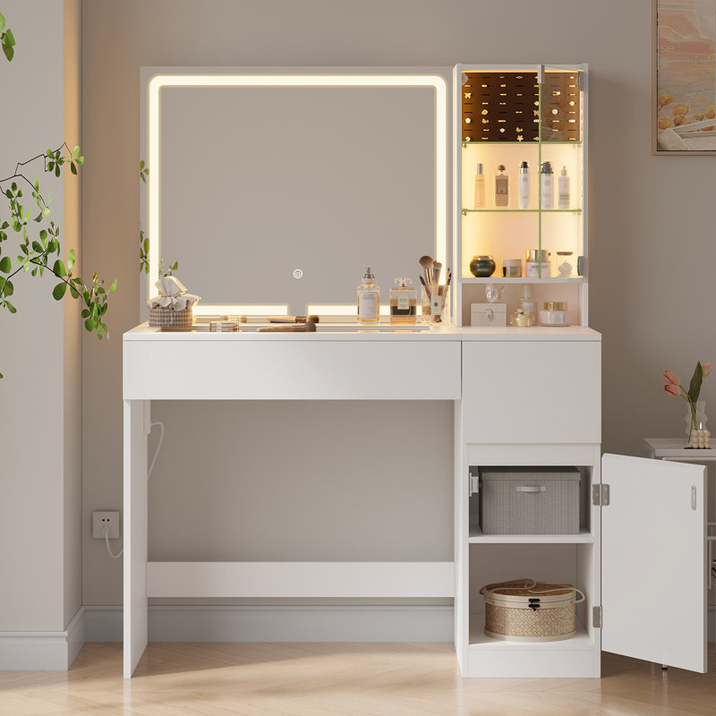 Decalt Makeup Vanity with Glass Table and Charging Station, Vanity Table with Lighted Mirror and 2 Drawers for Bedroom, White