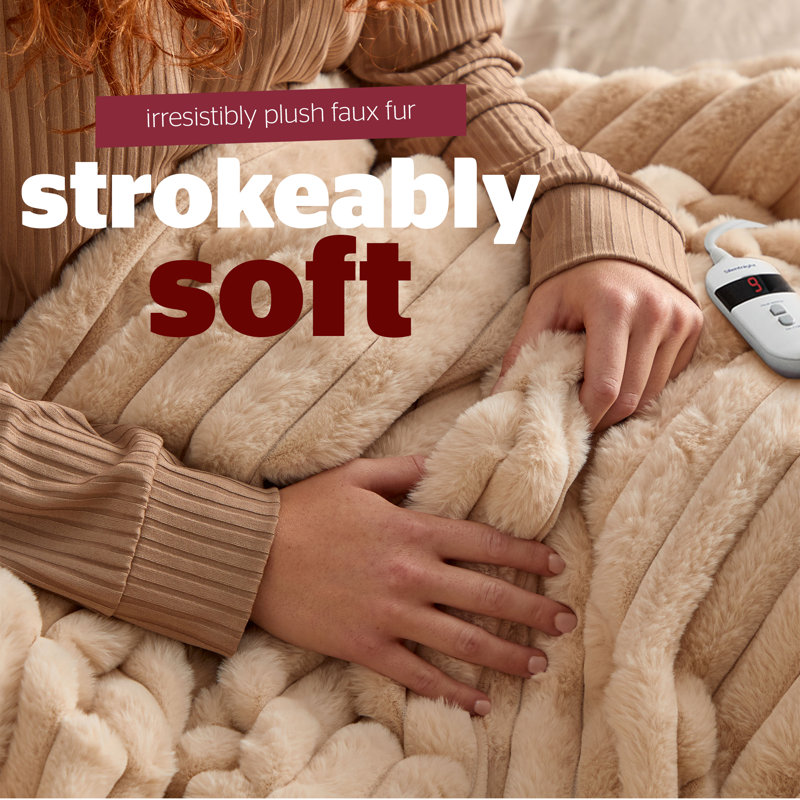 Silentnight Luxury Ribbed Faux Fur Heated Throw, Beige