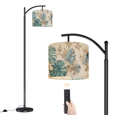 Arc Floor Lamp with Adjustable Lampshade Tropical Monstera Leaves Botanical Teal Beige Vintage Standing Lamp 3 Color Temperatures Dimmable Tall Pole Lamp with Foot Switch for Bedroom