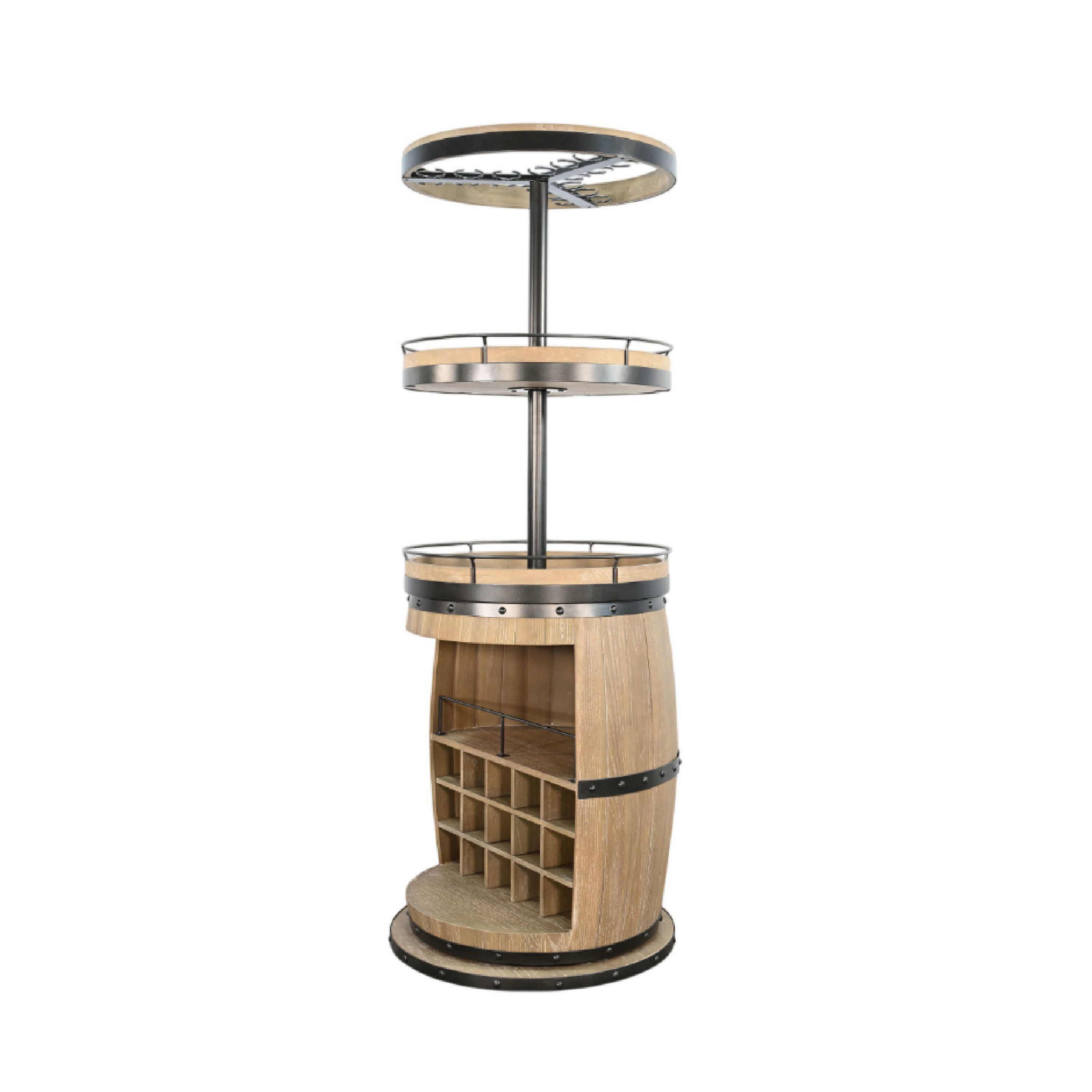 Benjara Greta Barrel Bar Unit With Swivel Base, Wine Cubbies, Natural ...