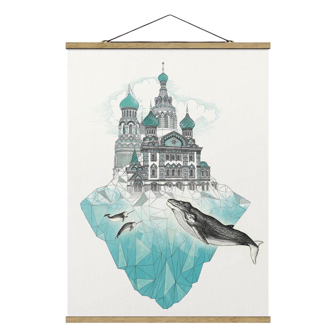 Stoffbild Illustration Kirche mit Kuppeln und Walfisch von Laura Graves