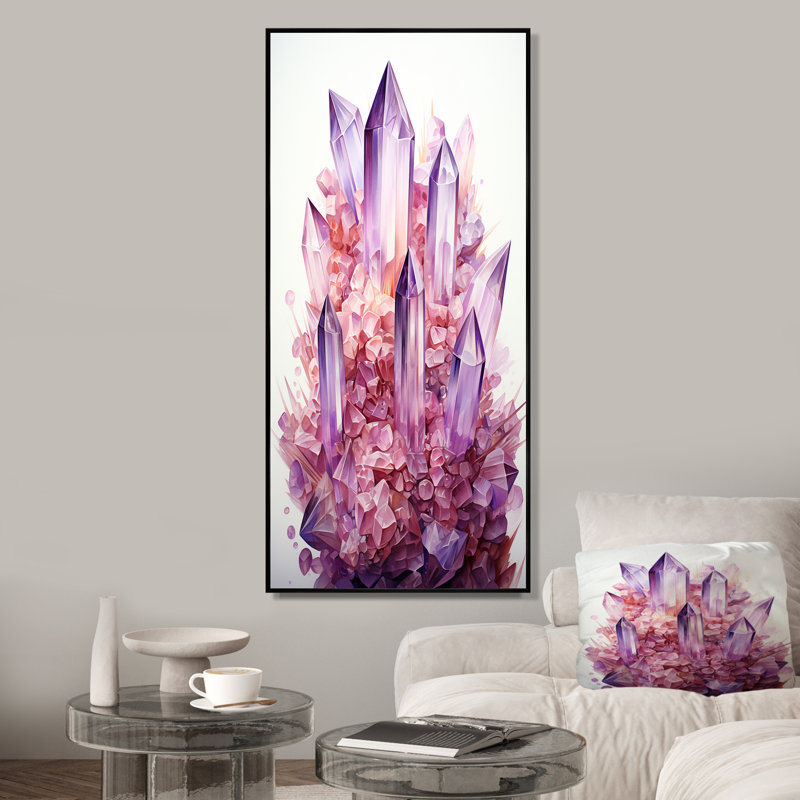 «Pink Amethyst Geode Essence 1», art mural pierre géode, Cadre flottant noir, 44" H x 34" W