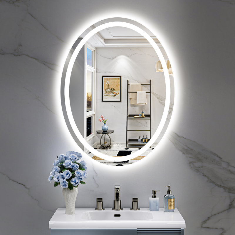 Oval Bathroom LED Mirror with Frontlit & Backlit, Anti Fog Lighted Vanity Mirror with Stepless Dimmable, ETL Listed, IP54 Waterproof, CRI90+, HD Tempered Glass