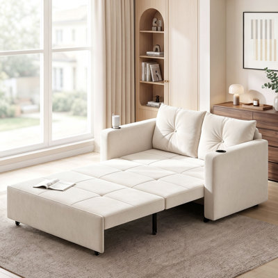 56"Wide Velvet 3-in-1 Convertible Modern Sleeper Sofa Bed with Cup Holder