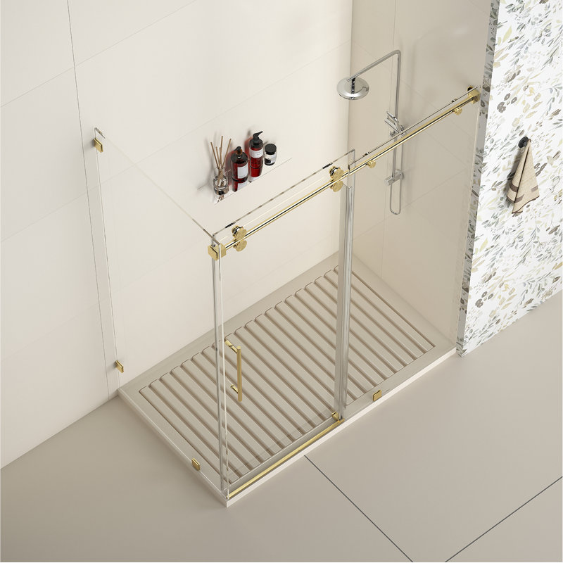 Radiance 48 In. W X 34 In. D X 76 In. H Sliding Frameless Corner Shower Enclosure With Clear Glass, Brushed Gold