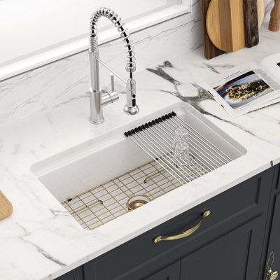 Grand évier de cuisine encastré / encastré à simple cuve blanche L 33 po x l 19 po avec station de travail à rebord et grille d'évier