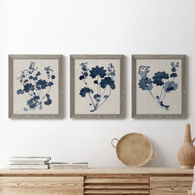 " Navy And Linen Leaves II " 3 - Pieces Painting Print