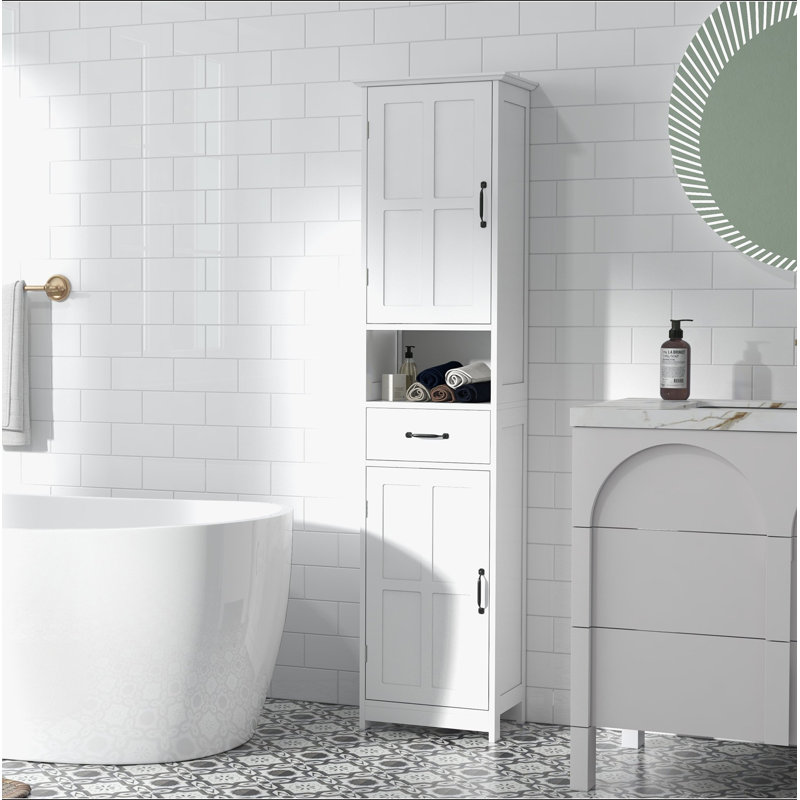 Armoire de rangement mince, armoire de salle de bain haute, tour à linge avec tablette ouverte, tiroir, portes encastrées et tablettes réglables