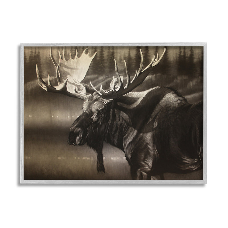 «Rustic Moose In Shadows Deep Forest Portrait Gray Farmhouse», estampe numérique encadrée, art texturé par Cole Johnson