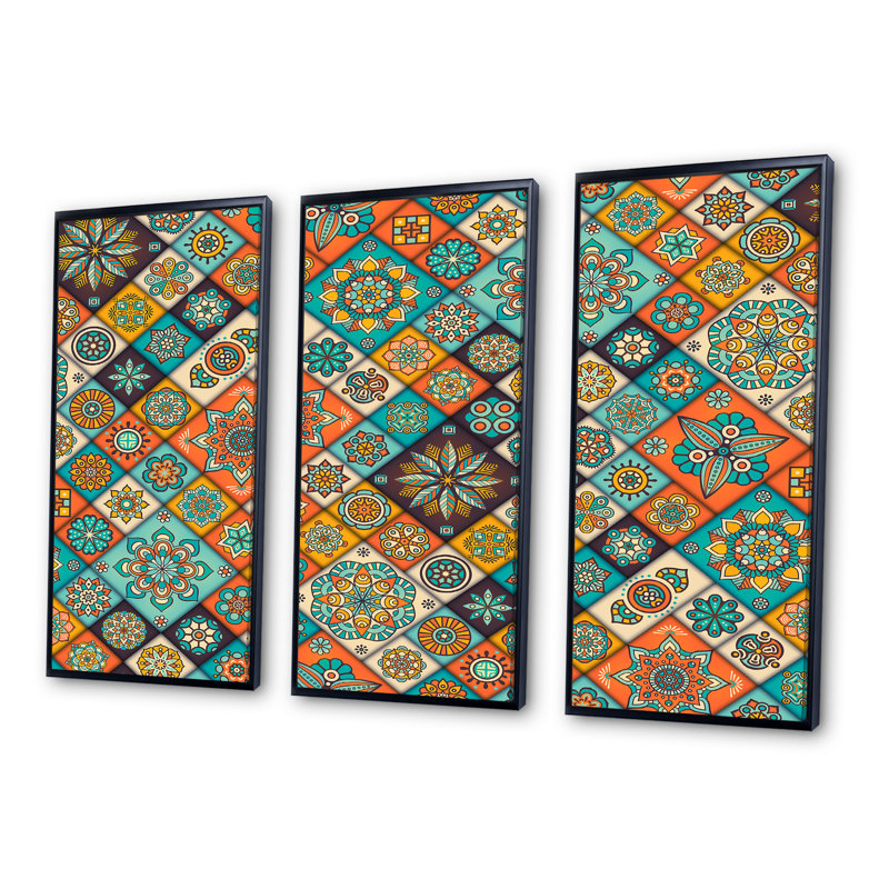 «Ethnic Colorful Circular Floral II», reproduction de cadre flottant sur toile 3 pièces, H 28 po x l 36 po x P 1 po
