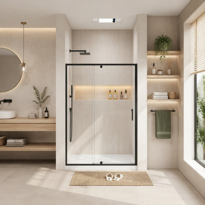 38-42 Inch W x 71 Inch H Pivot Swing Shower Door with Clear Tempered Glass and Matte Black Finish, Reversible Installation for Flexibility