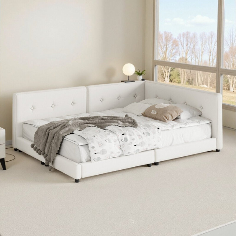 Modern Upholstered Queen Platform Bed with USB Ports – Beige Linen Fabric & Wood Frame, Beige, Queen