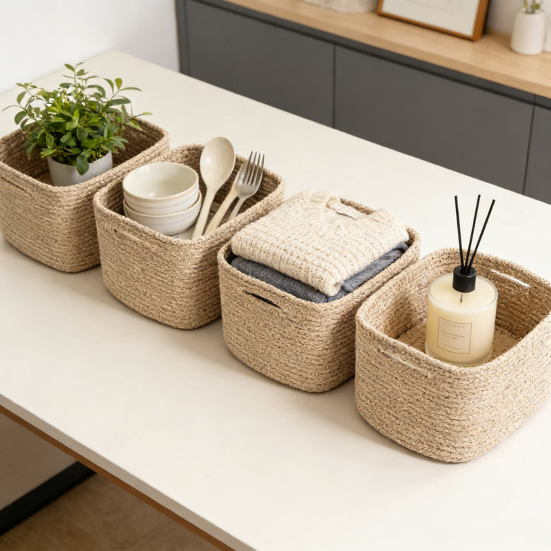 Woven Cotton Rope Storage Baskets For Shelves, 4-Pack Rectangle Organizer Bins For Home And Office Organization, Decorative Shelf Basket