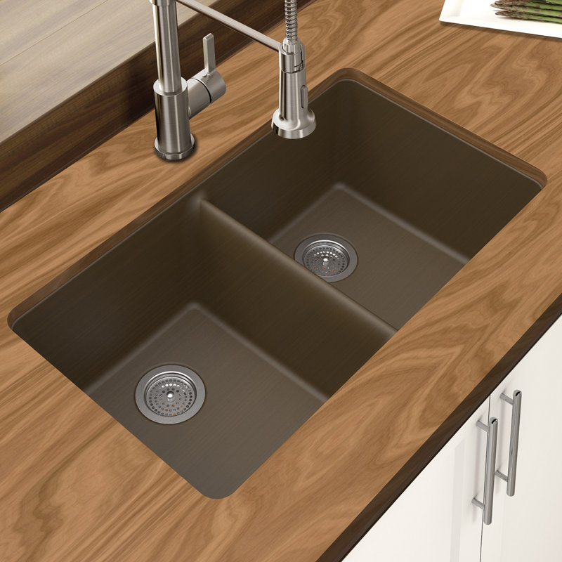 33'' L Double Bowl Granite Kitchen Sink, Mocha