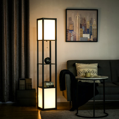 Homcom Modern Floor Lamp With Shelves & Dual Ambient Lighting, Tall Standing Lamp For Living Room, Bedroom With Fabric Lampshade , Black