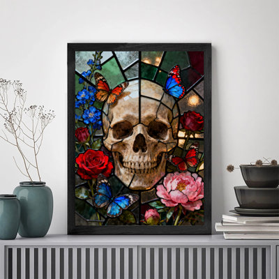Reproduction d'art encadrée noire rétro avec fleurs de mort de style gothique rétro
