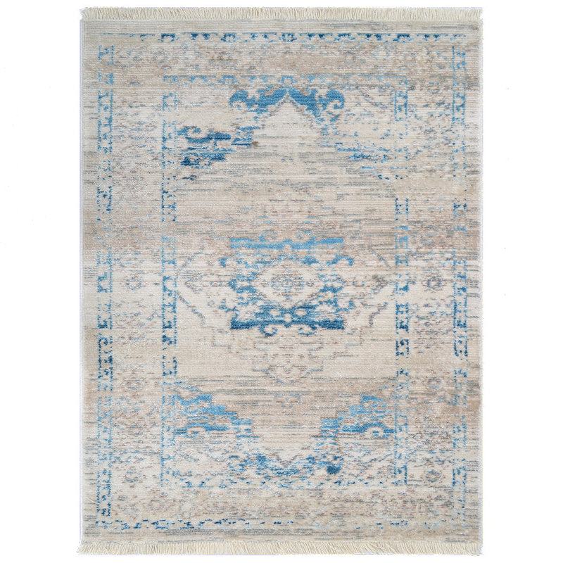 Tapis rectangulaires en polyester lavable à la machine Crayton | Ivoire bleu | Conception orientale, tapis de salon, chambre à coucher