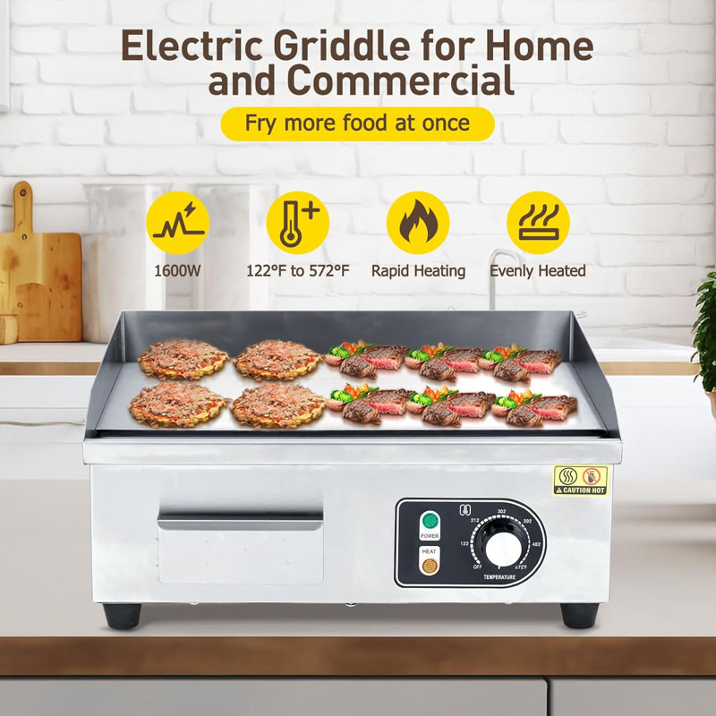 18'' Electric Griddle For Perfect Cooking - Non-Stick Grill Plate, Adjustable Temperature Control 122°F-572°F, High Power 1600W, Commercial Grade, Easy Cleaning