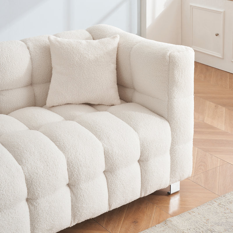 80-Inch Teddy Bear Wool Sofa, Suitable For Living Room Or Bedroom, Including Two Throw Pillows And Metal Legs For Support