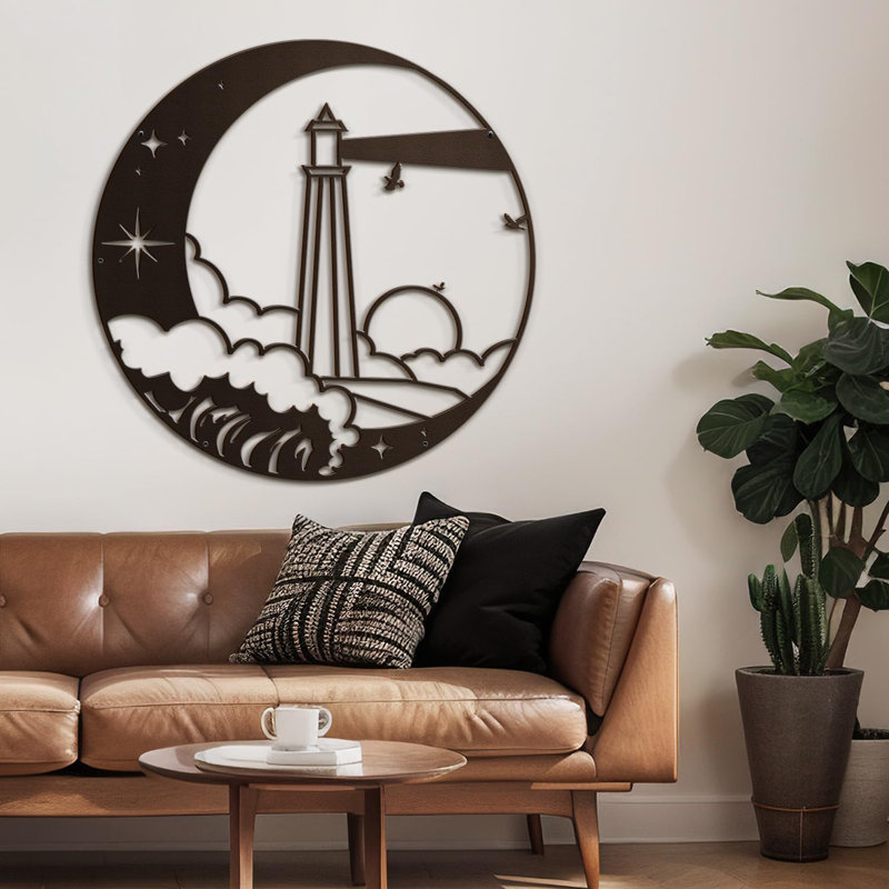 Décoration murale en métal abstrait phare sur les vagues, H 36 po x l 36 po x P 0,05 po, Brun