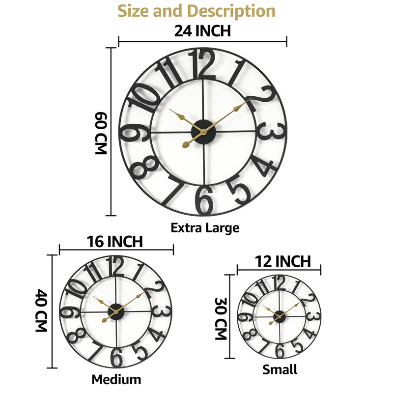  Large 16" Numeral Analog Decorative Wall Clock, Extra Large, Black