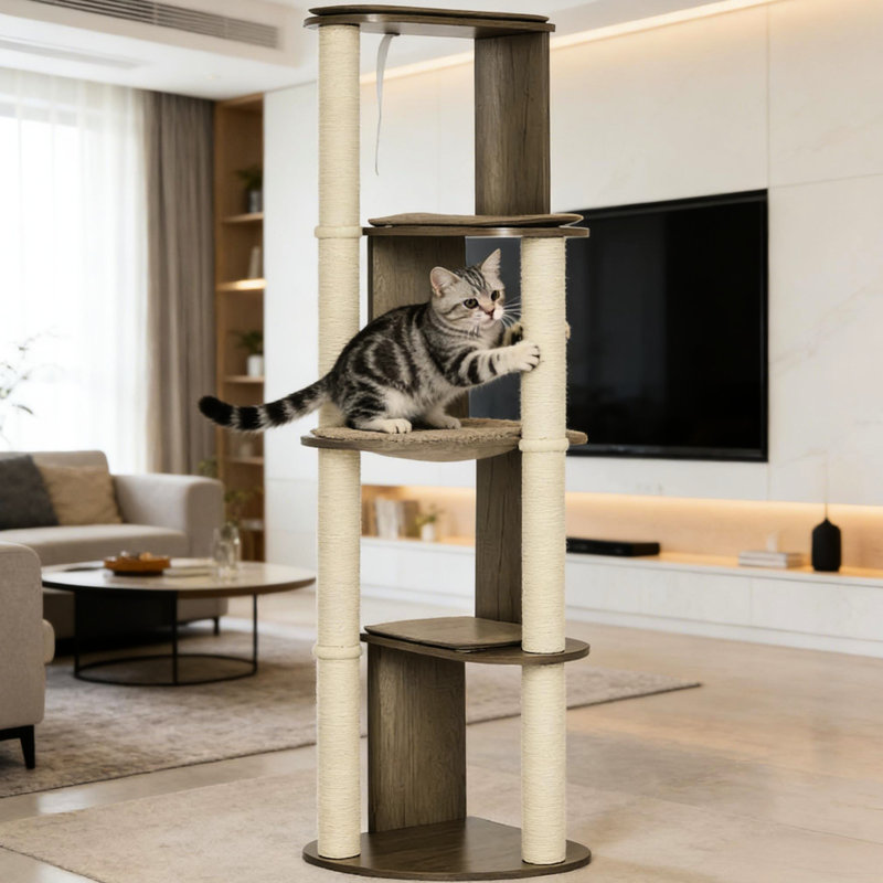 Tour pour chat d'angle à plusieurs niveaux, hauteur de 65 po avec quatre zones de sieste, perchoirs rembourrés, structure à haute stabilité, brun muscade, détente nécessaire