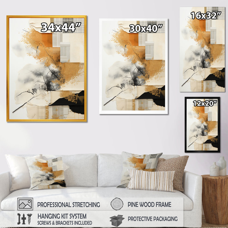 «Gray and Gold Sunset Collage V», art mural abstrait, Cadre simple noir, H 20 po x l 12 po x P 1 po