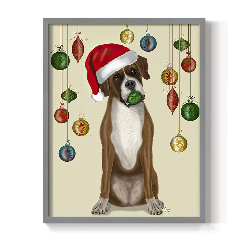 «Christmas Boxer and Bauble Ball», reproduction encadrée - bois massif, H 11 po x l 9 po, Gris
