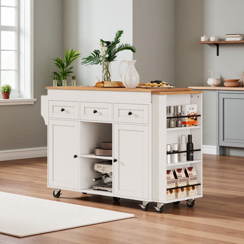 85.5" Kitchen Island With Extendable Dining Table, Kitchen Storage Table With 3 Side Open Shelves, Rolling Kitchen Island With Power Outlet, 3 Drawers, 2 Doors, For Kitchen, Dining Room