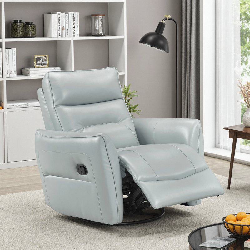 Luxury Swivel Recliner Chair with Glider Motion - Top Grain Leather & Solid Wood Living Room Throne, Teal