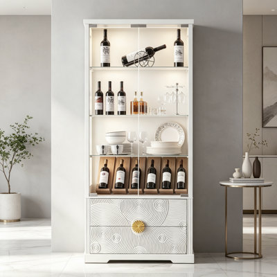  67" T Glass Bar Cabinet with RGB Light, 3-Tier Wine Display Storage Cabinet with 2 Drawer