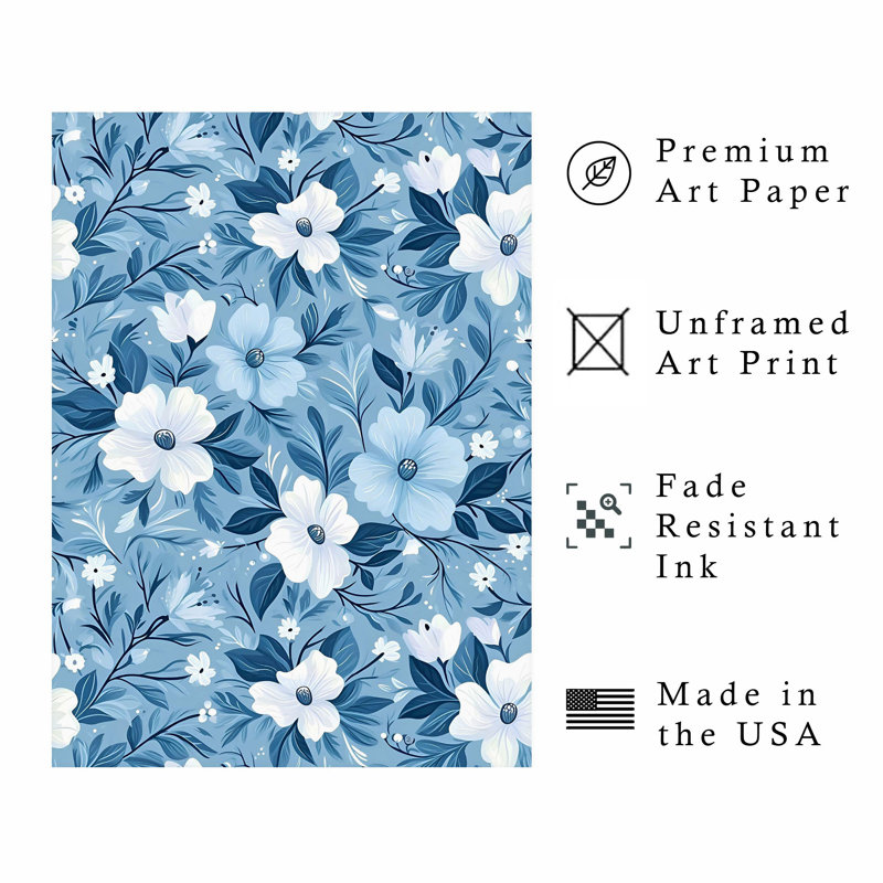 Motif floral de fleurs bleues III, H 20 po x l 16 po