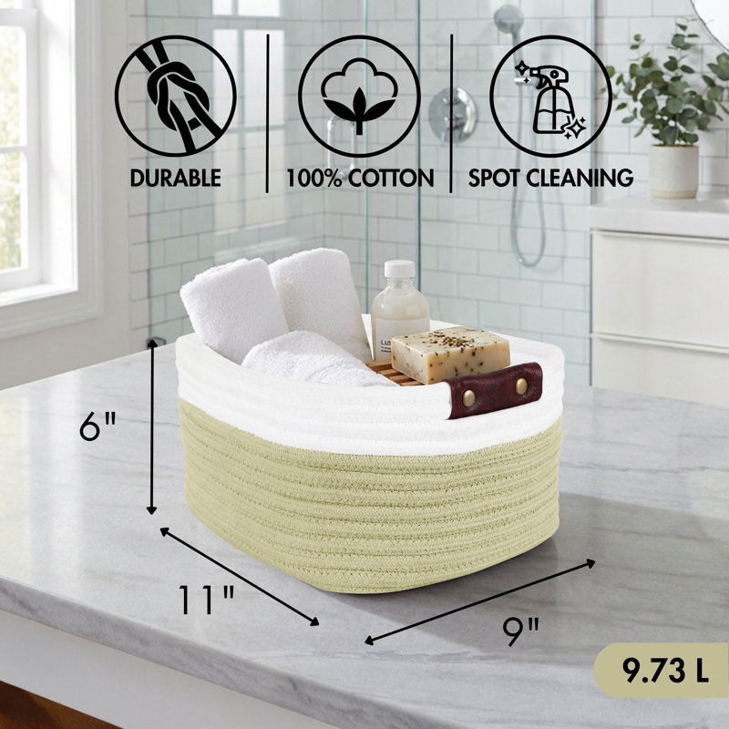 Reva Collection 100% Cotton Storage Basket, Woven Rectangular Organizer Bin, 11" x 9" x 6", for Shelf Storage, Closet Organization, Bathroom, Nursery, Pantry & Office, Decorative Basket, Sage