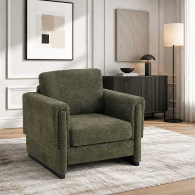Upholstered Accent Armchair with Solid Wood Armrests, Boucle Fabric Square Arm Club Chair with Thick Cushion, Modern Sled Base Side Chair