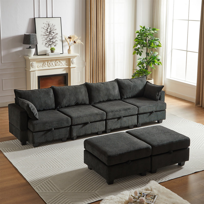 Canapé modulaire 113,5 po Sectiona, Velours côtelé noir