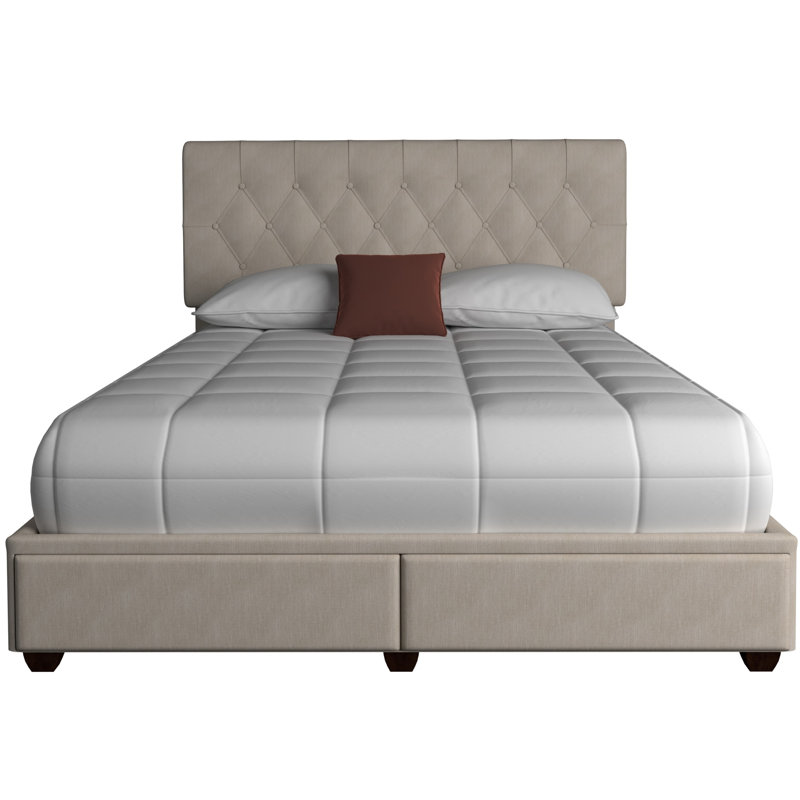 Luxueux lit de rangement rembourré avec deux tiroirs pratiques, offrant commodité et confort pour un sommeil réparateur.