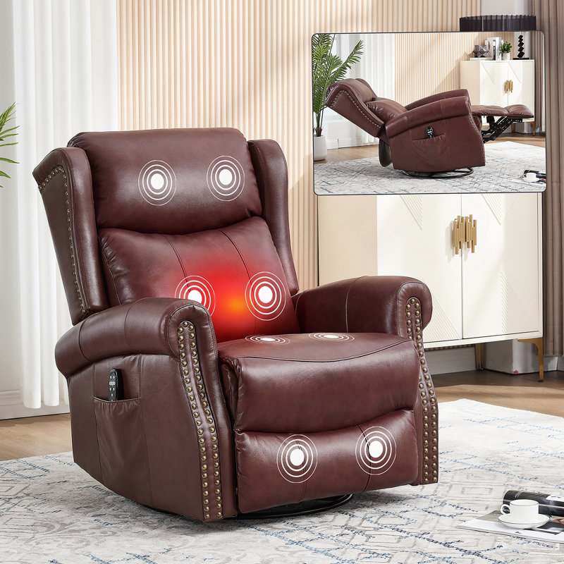 Heat Massage Manual Recliner Chair With Rocker And Swivel In Genuine Leather For Living Room,Red