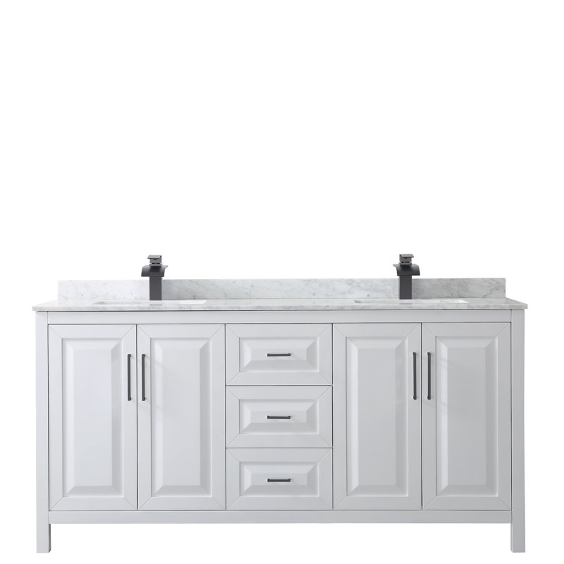 Ensemble de meuble-lavabo double 72 po Daria, Blanc, Marbre de culture de Carrare, Noir mat