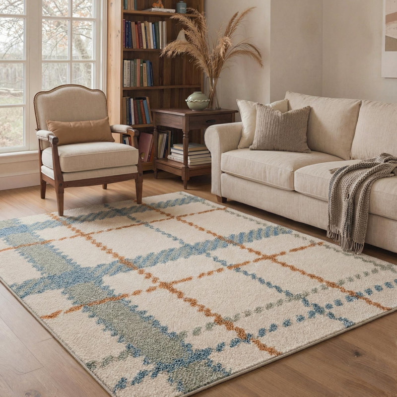 Modern Plaid Machine Washable Beige / Blue / Orange Indoor Area Rug with Non-Slip Backing, Rectangle 8' x 10'