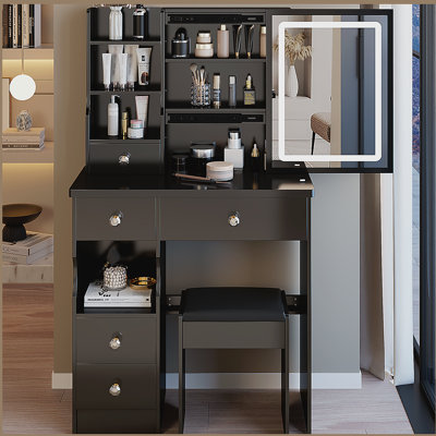 29.2" Small Size Left Drawer Desktop Vanity Table + Cushioned Stool,2 AC+2 USB Power Station,Hair Dryer Bracket,Extra Large Touch Control Sliding LED Mirror,Tri-color Switching,Brightness Adjust