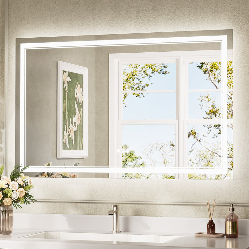 Bluetooth LED Bathroom Mirror Frontlit And Backlit, 3 Colors Temperature & Dimmable Light, Defog, Tempered Glass Vanity Mirror