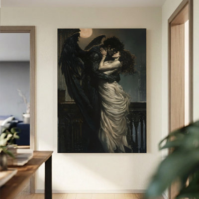 Dark Angel and Woman Gothic Fantasy Canvas Wall Art, 24" x 36" Gallery Wrapped Canvas Print, Black & Crimson Noir Fantasy Wall Decor for Bedroom, Living Room & Studio