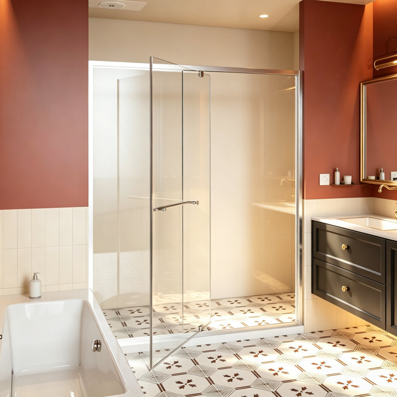 Porte de douche à pivot 56 x 60 po x H 72 po, verre trempé 1/4 po, chrome