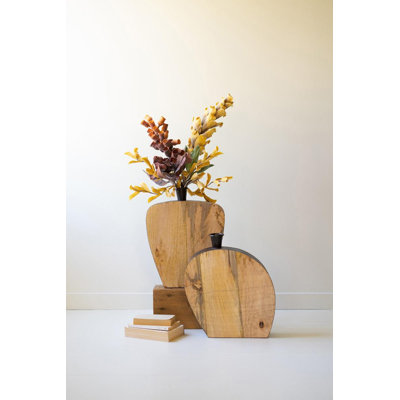SET OF TWO MANGO WOOD AND METAL VASES