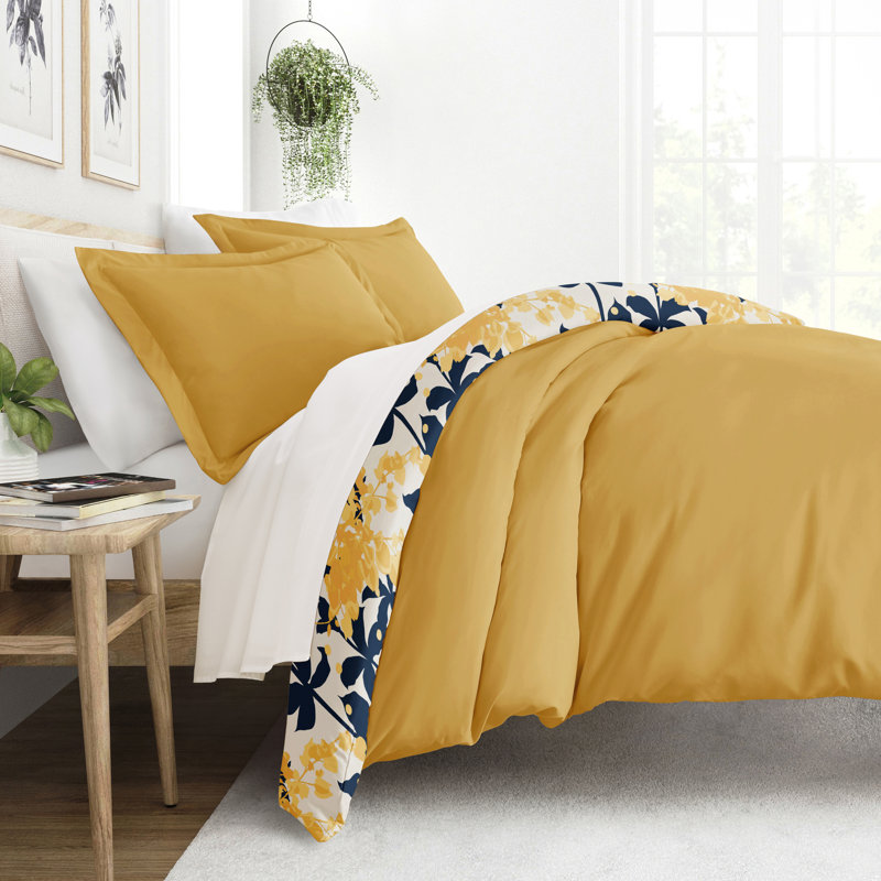 Yellow and Navy Boho Flower Reversible Full/Queen Duvet Cover Set